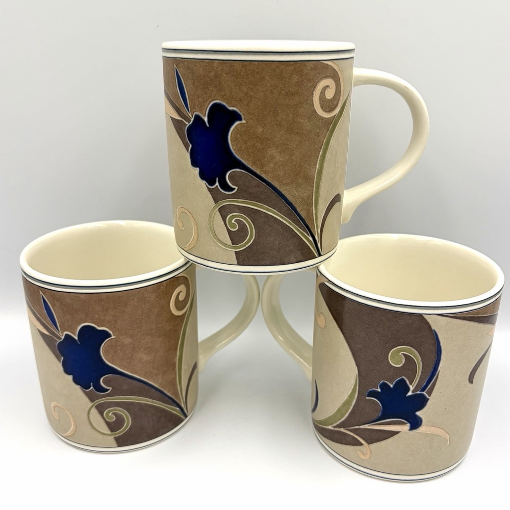 Mikasa Bolero Intaglio CY103 15 oz Coffee/Tea Mug SET OF 3 Blue Floral Stoneware